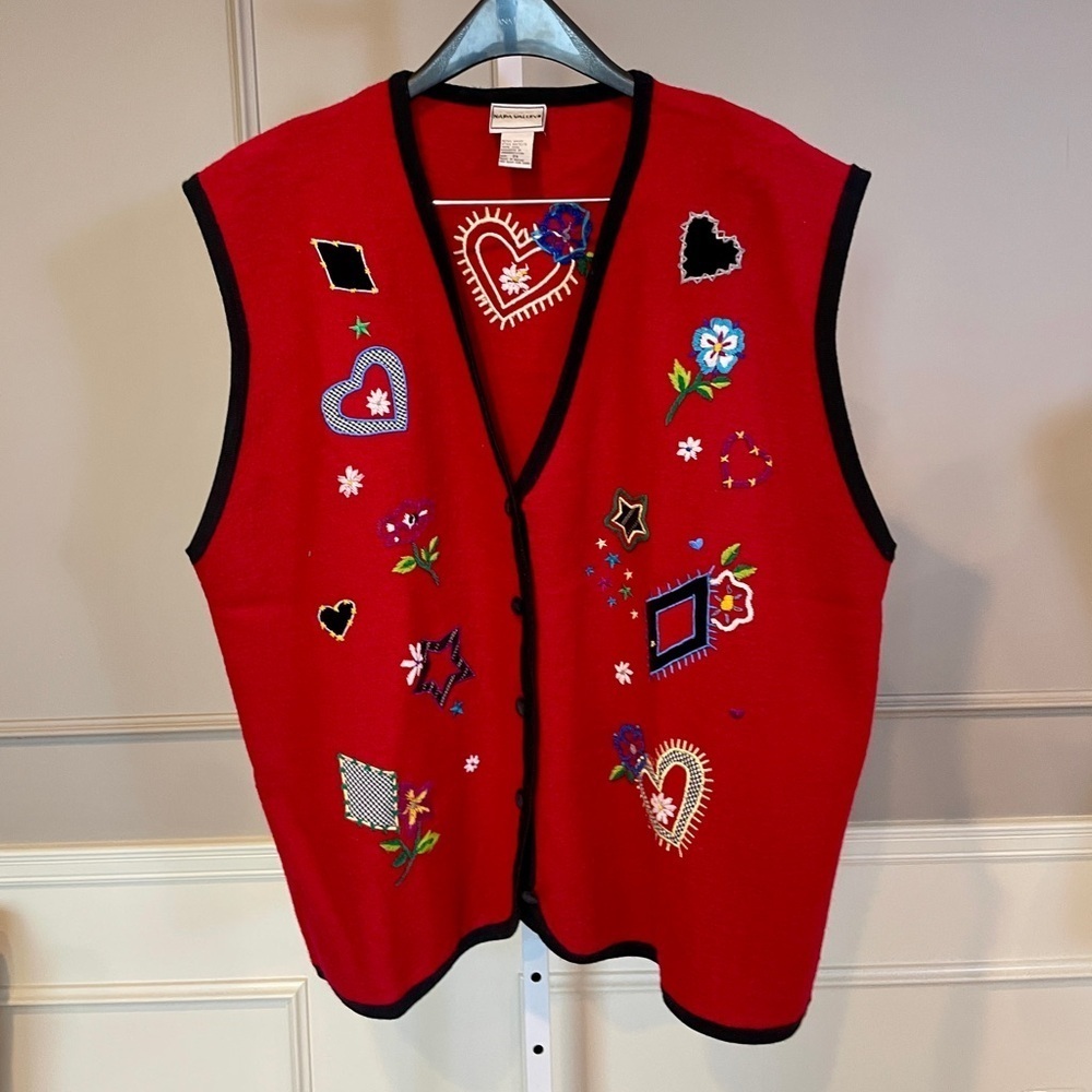 Napa Valley Women's Vintage Felted Red Wool Vest 3X Whimsical Hearts Flowers EUC